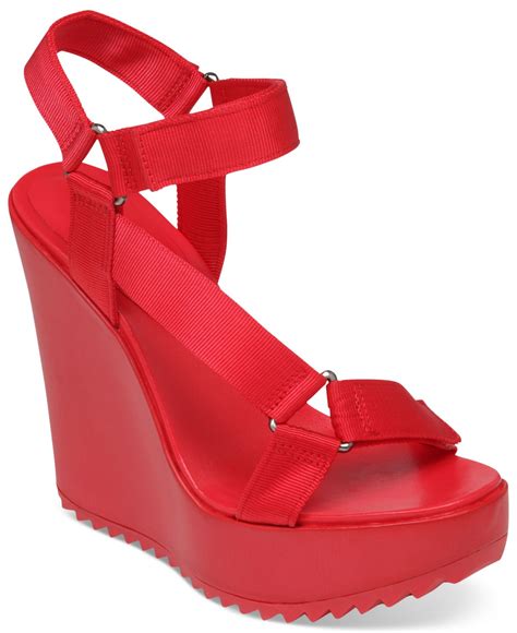 red wood platform shoes with fake fruit|red platform wedge sandals.